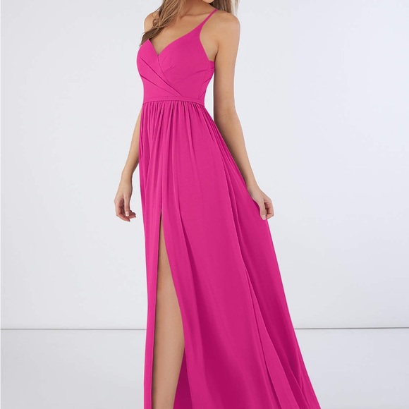 Azazie - Dominic - A-Line Pleated Chiffon Floor-Length Dress - Fuchsia - 4 - EUC - Picture 4 of 12